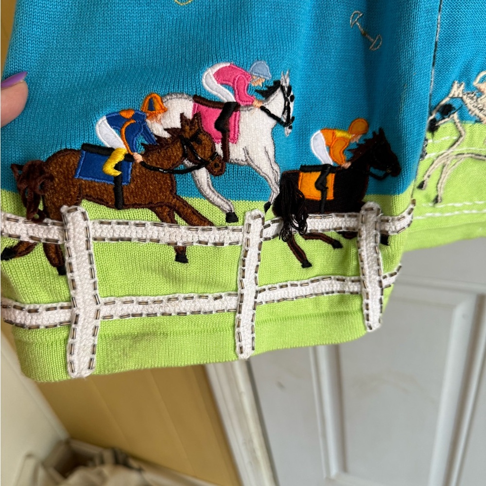 Berek Teal Cardigan Horse Racing Derby Preakness Applique Beads Embroidery Rare - Picture 4 of 11
